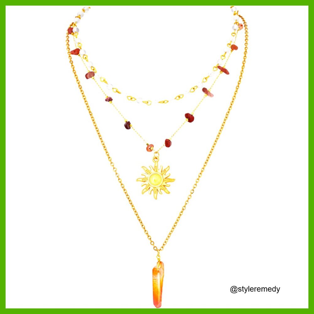 Layered Crystal Sun Necklace, Boho Hippie Jewelry, 3-Piece Set